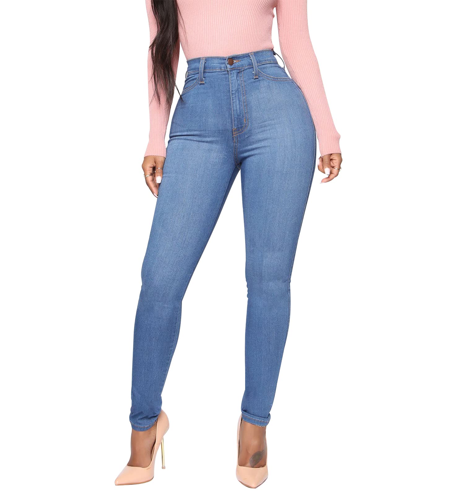 KUNMI - Vaqueros clásicos de cintura alta para mujer, ajustados, elásticos, con levantamiento de glúteos, pantalones vaqueros ajustados, Azul, Medium