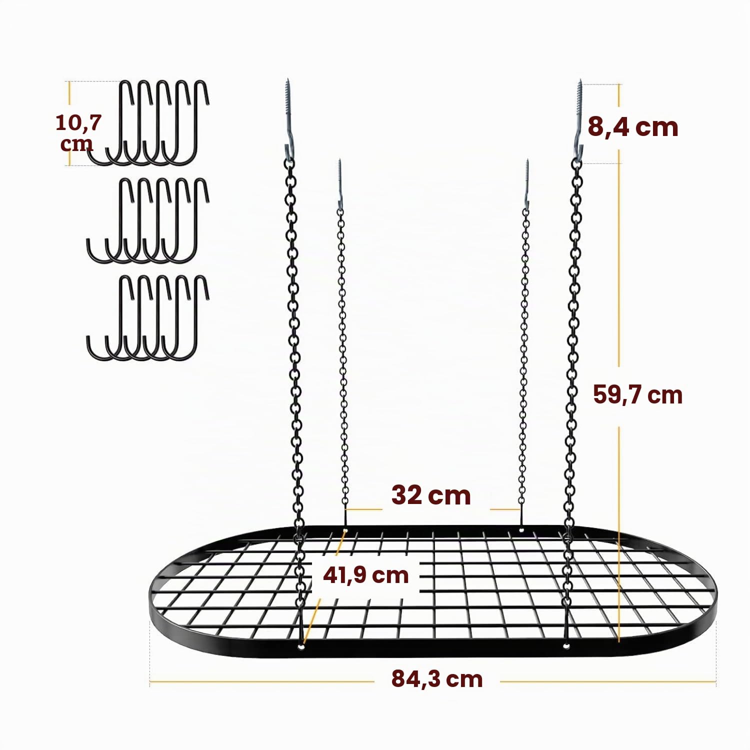 Vdomus Étagère de rangement robuste pour casseroles – 83 x 43,2 cm – Rangement au plafond élégant en alliage d'acier noir avec 15 crochets – Organisez les ustensiles de cuisine et les ustensiles de