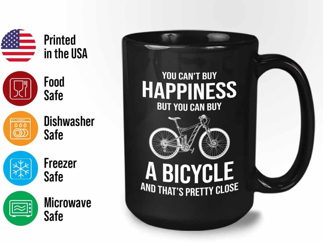 Cycling Coffee Mug 15oz Black - Happiness Buy Bicycle - Bicycle Biker Bike Cycling Athlete Sports Fun Workout Dad and Uncle Bicyclist