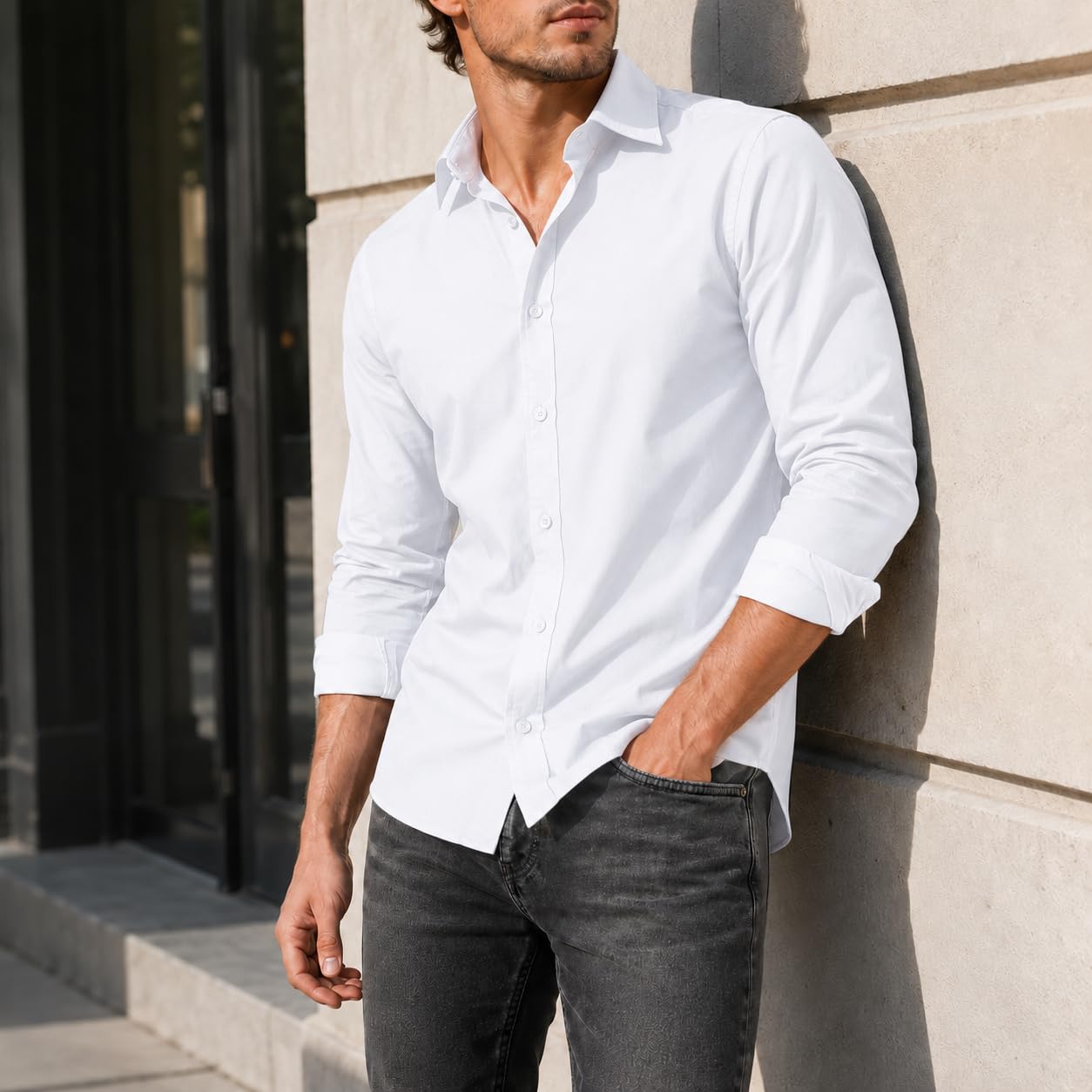 Redbridge Camicia da uomo basic, a maniche lunghe, vestibilità moderna, colletto a