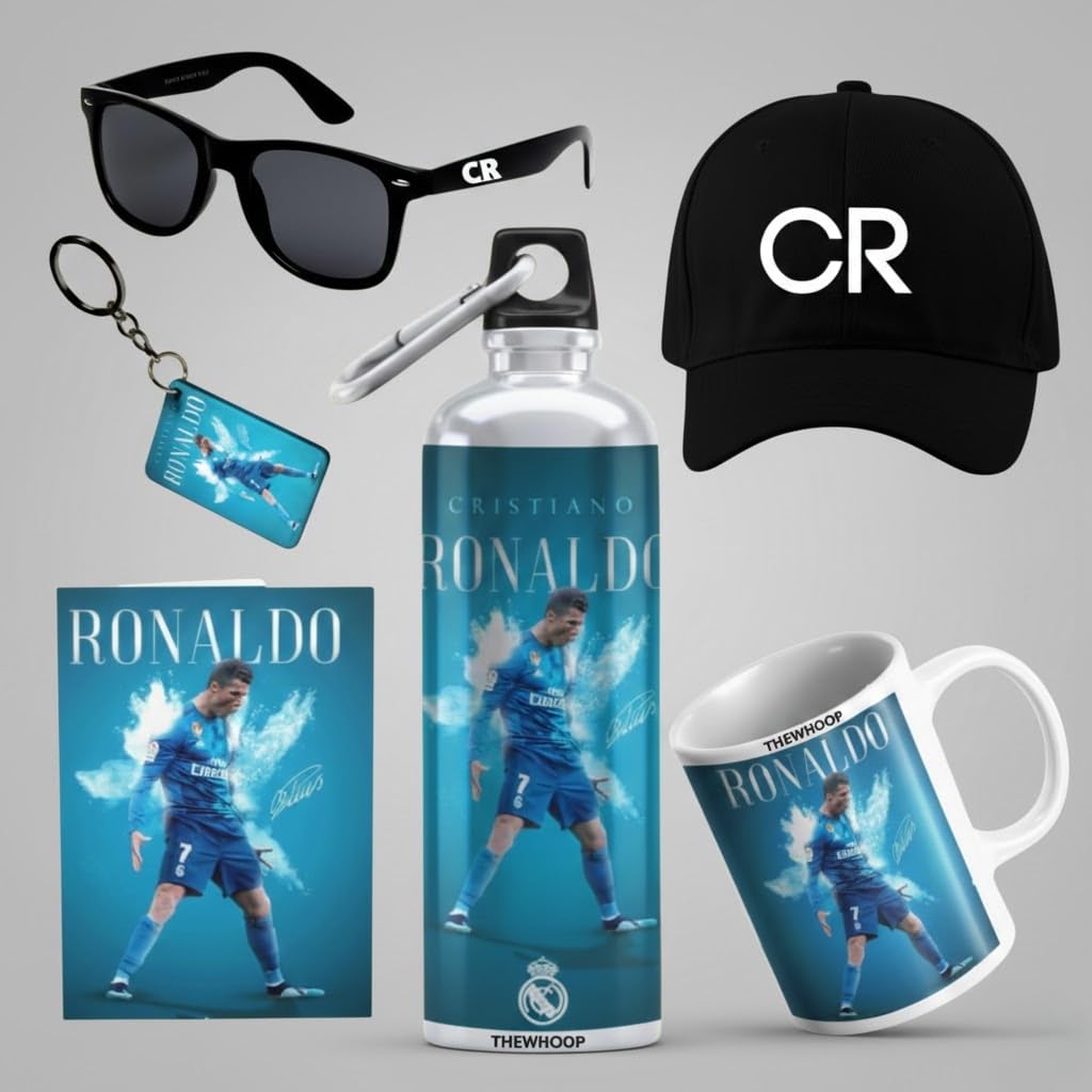 THEWHOOP Cristiano Ronaldo Football Fan Merchandise Combo Gift Set | Printed Water Bottle, Coffee Mug, Keychain, Poster, Cap & Sunglasses | Sports Lover Gift for Men & Boys