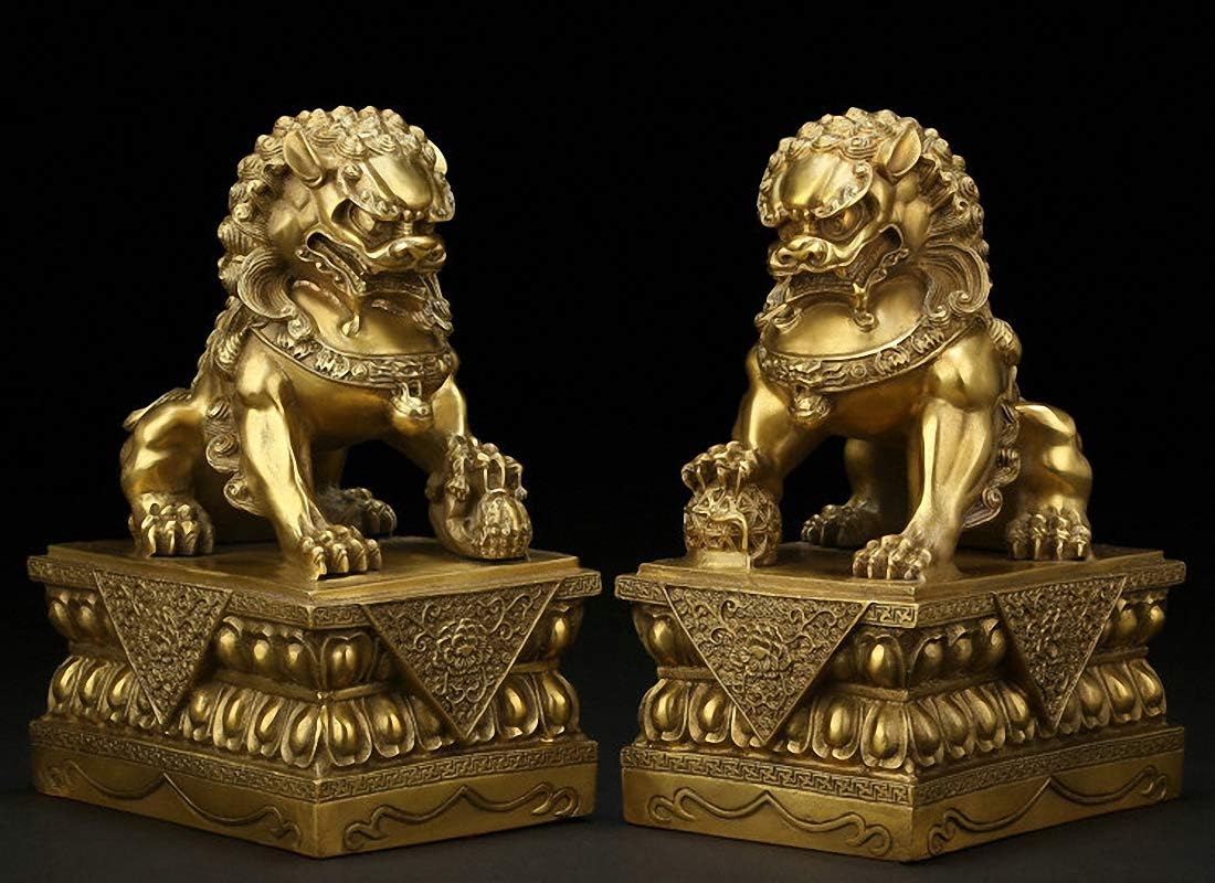 Brass Feng Shui Beijing Foo Fu Dog Guardion Door Evil Lion Statue Pair (17.5" H x 11.7" L x 8" W 19.1lb) : Home & Kitchen