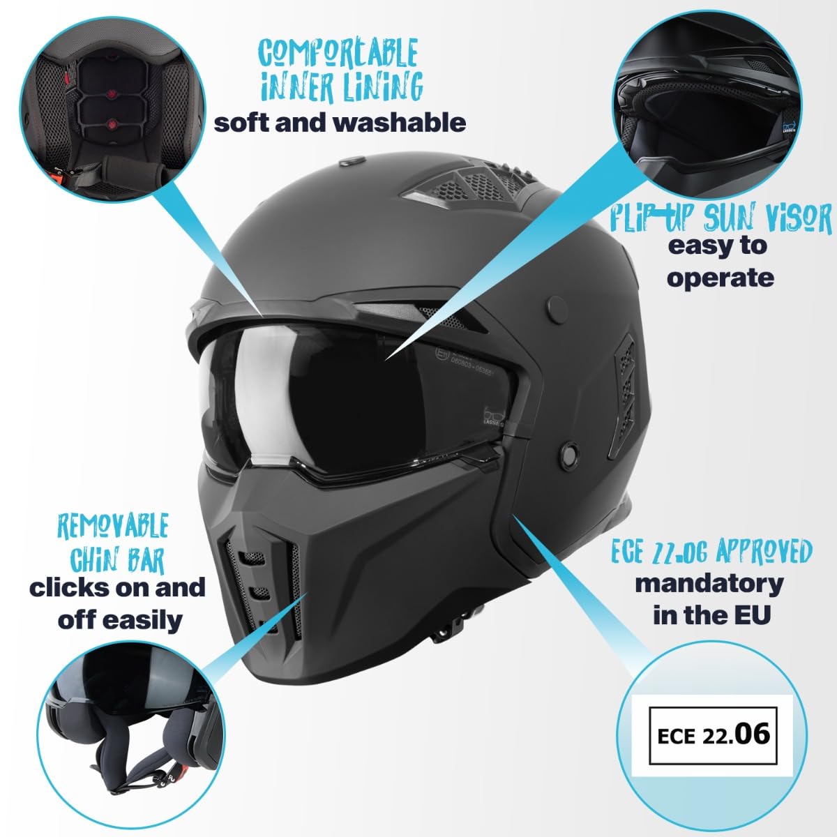 VINZ Shuto kask typu jet / Streetfighter | dopuszczony do użytku przez ECE 22.06 | kask na skuter z wizjerem przeciwsłonecznym/osłoną przeciwsłoneczną