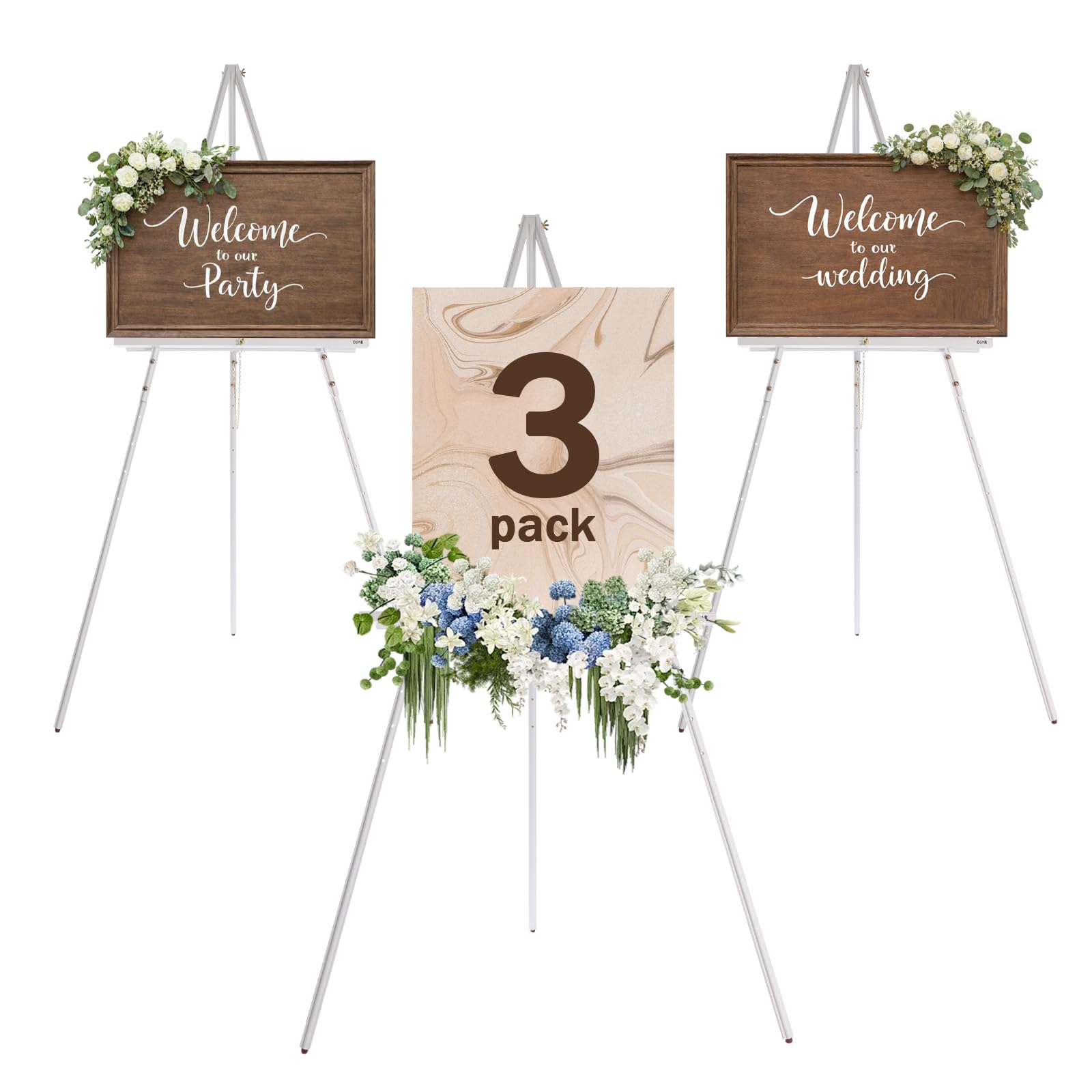DJAR 63" Wooden Easel Stand for Sign, Dual-use Adjustable Height, Wood Floor Display Easel for Wedding, Welcome Board, Poster, Picture, Photo (White, 3pcs)