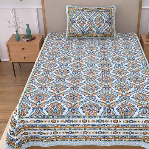 Image of 100% Cotton Single Bedsheet with 1 Pillow Cover | 240 TC Pure Cotton Flat Bed Sheet | Traditional Jaipuri Printed Bedding Set | Soft & Breathable | 60 x 90 Inch (Rangmahal Single 25)