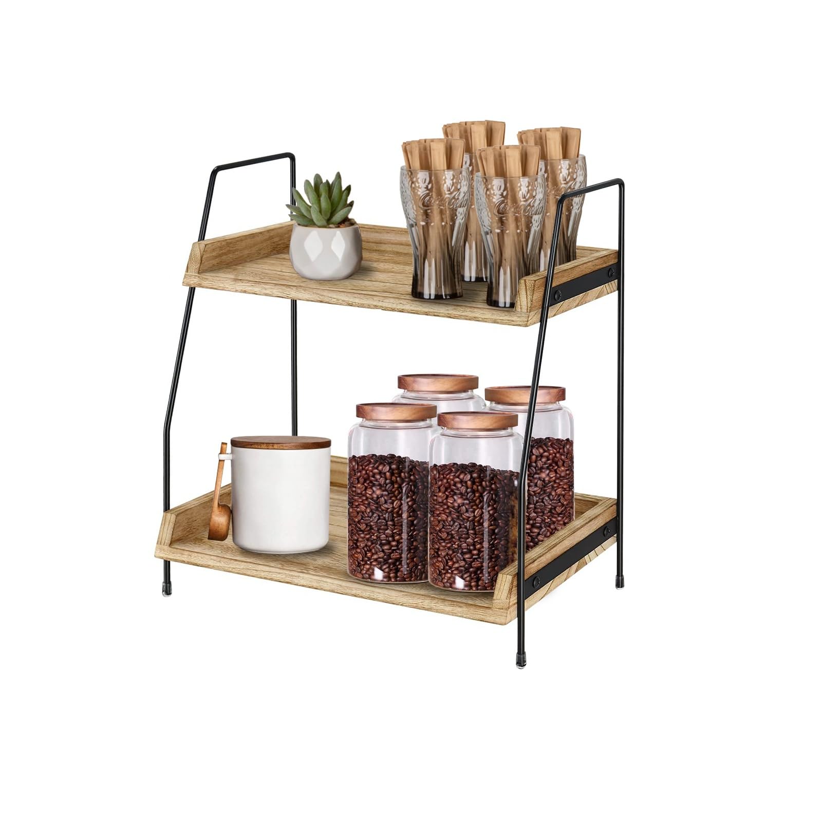 2 Tier Coffee Station Organizer for Countertop Coffee Bar Accessories and Organizer, Wooden Kitchen Counter Shelf Coffee Condiment Storage for Bathroom, Kitchen, Coffee Bar, Holiday Decorations