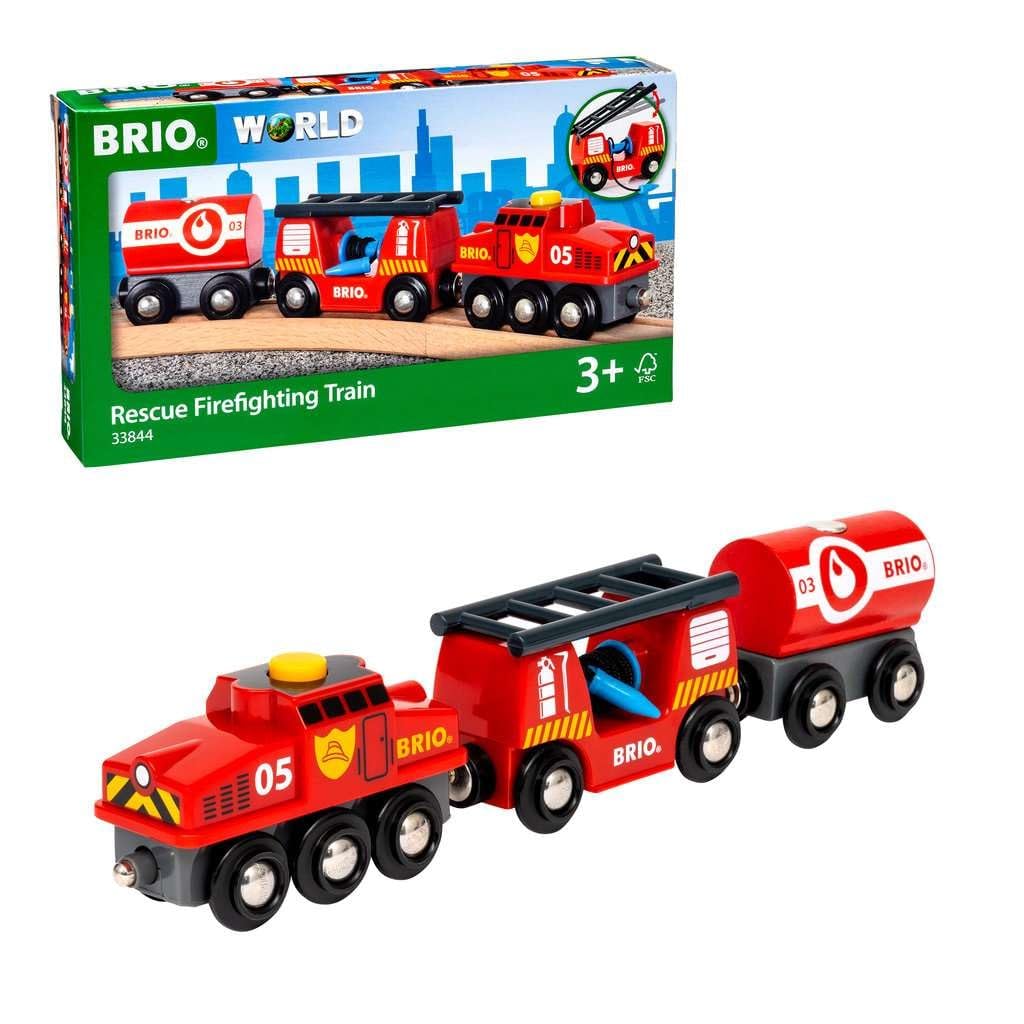 BRIO World Rescue Fire Train for Kids, Wooden Railway Fire Engine with Hose Trailer and Water Tanker, Ages 3 Years and Up
