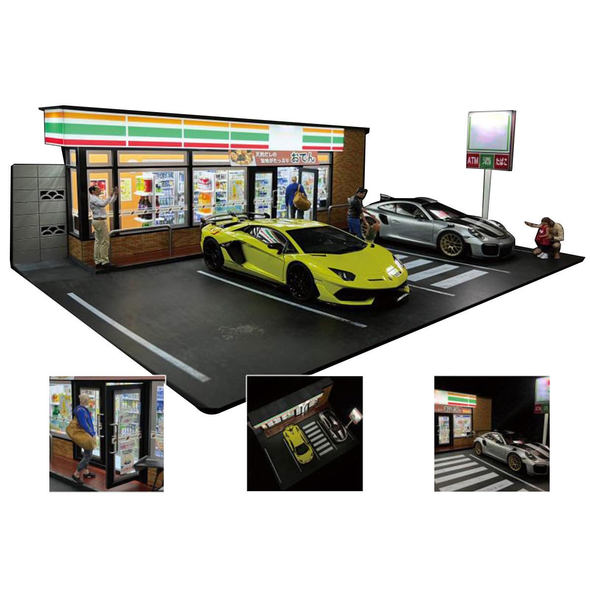 1:18 Japanisches 7-Eleven Convenience Store Modell, realistische Miniatur-Szene mit USB-LED-Beleuchtung & vier Parkplätzen, Druckguss-Auto-Display-Hintergrund
