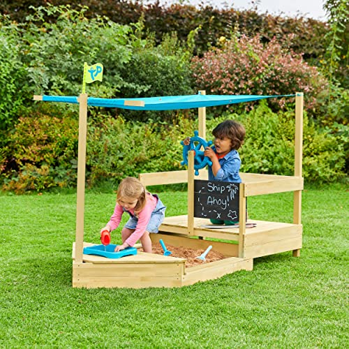 TP Toys, Pirate Ship Sandbox | Kids Outdoor Playset and Wooden Sand Box with UV Resistant Shade Cover, Built in Pirate Boat Play and Hidden Toy Storage | Backyard Play for Boys and Girls Ages 2+.