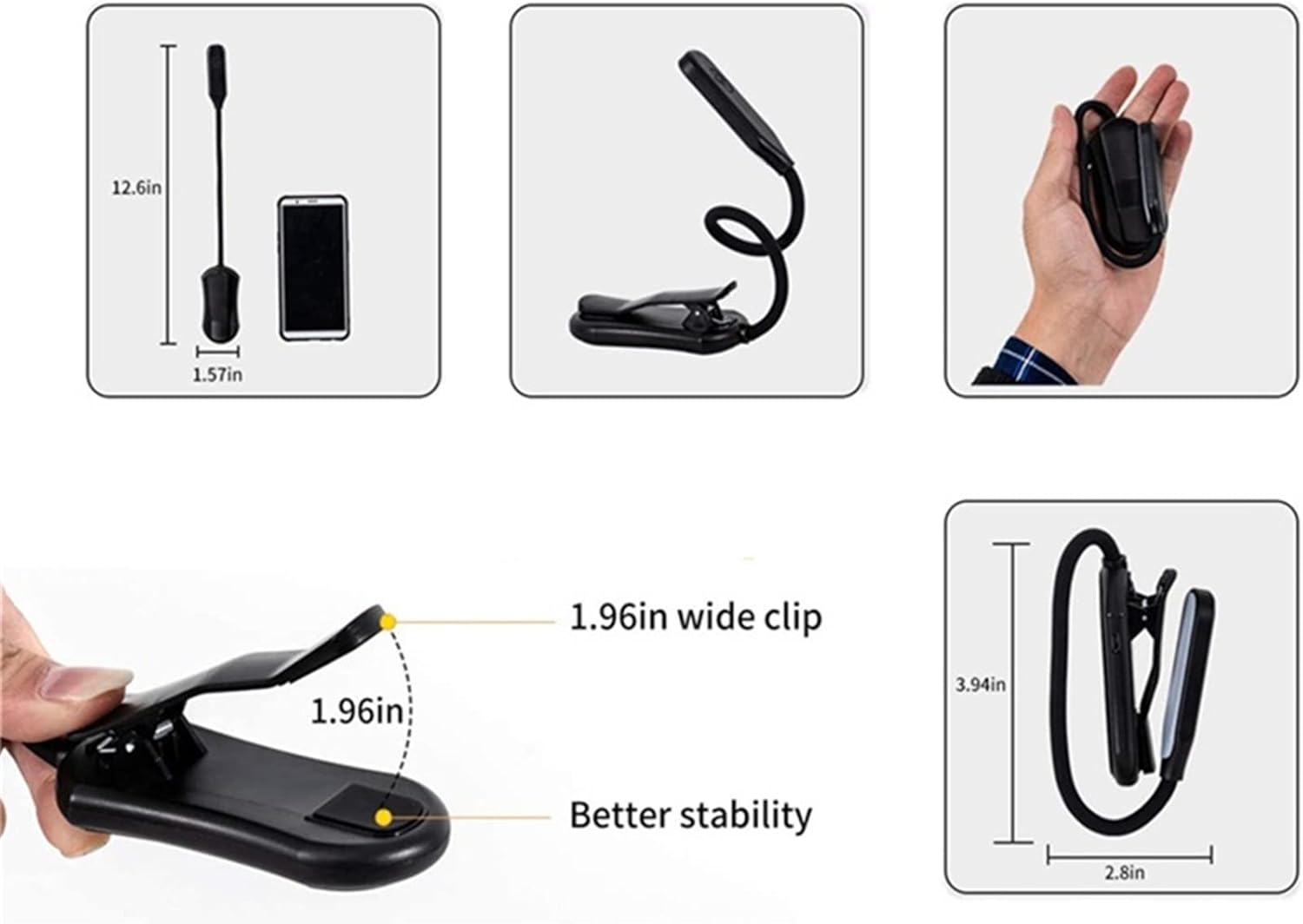 Small Black Table lamp Adjustable USB Rechargeable led Book Light with Clip goosenecks 7 LEDs Flexible Night Table lamp Reading Reading Night Light (Color : Black) (White)