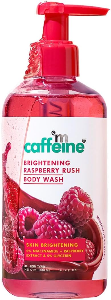 mCaffeine Brightening Body Wash - 5% Niacinamide & Raspberry | Summer Body Wash for Dry Skin | Vitamin C & Glycerin Hydration | Boosts Glow, Deep Cleanses & Softens Skin | Fruity Shower Gel - 300ml