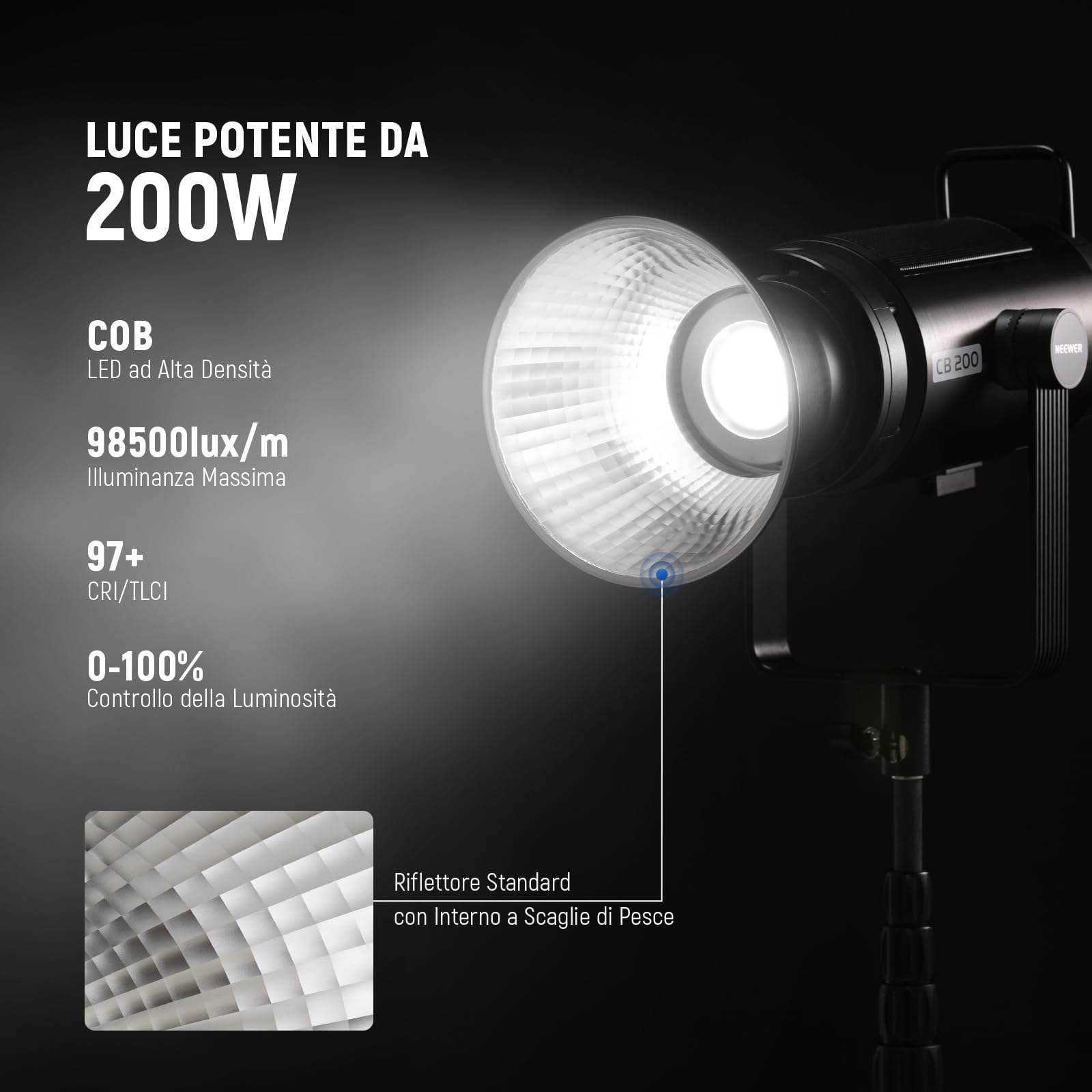 NEEWER CB200 210W Luce Video a LED con Controllo 2,4G/App, Illuminazione Continua COB a Luce Diurna da 5600K per Fotografia con 98500lux/m, CRI97+/TLCI97+, 9 Scene, Dimmerazione PWM, Attacco Bowens