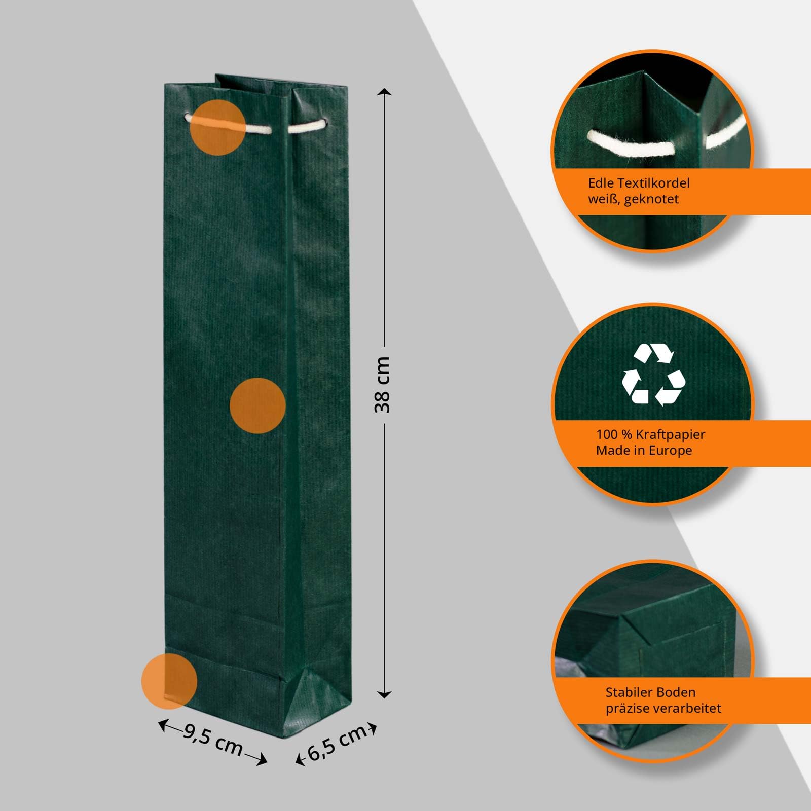 100 x Flaschentaschen grün 9,5+6,5x38 cm | Flaschentüten | Geschenktüte Flasche Wein | Weintaschen | HUTNER