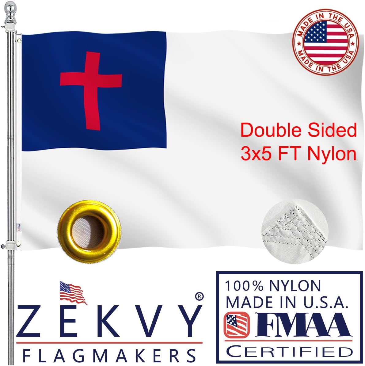 Christian Flag 3x5 Outdoor Made in USA - Double Sided Heavy Duty Vivid Color Christianity Flags with 2 Brass Grommet