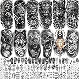 74 Sheets Realistic Lion Warrior Temporary Tattoos For Men Adults, God Zeus Christ Half Arm Sleeve Tattoos For Women Rose Flower, Bulk Temp Zeus Tiger Wolf Owl Skull Halloween Fake Tattoo Stickers