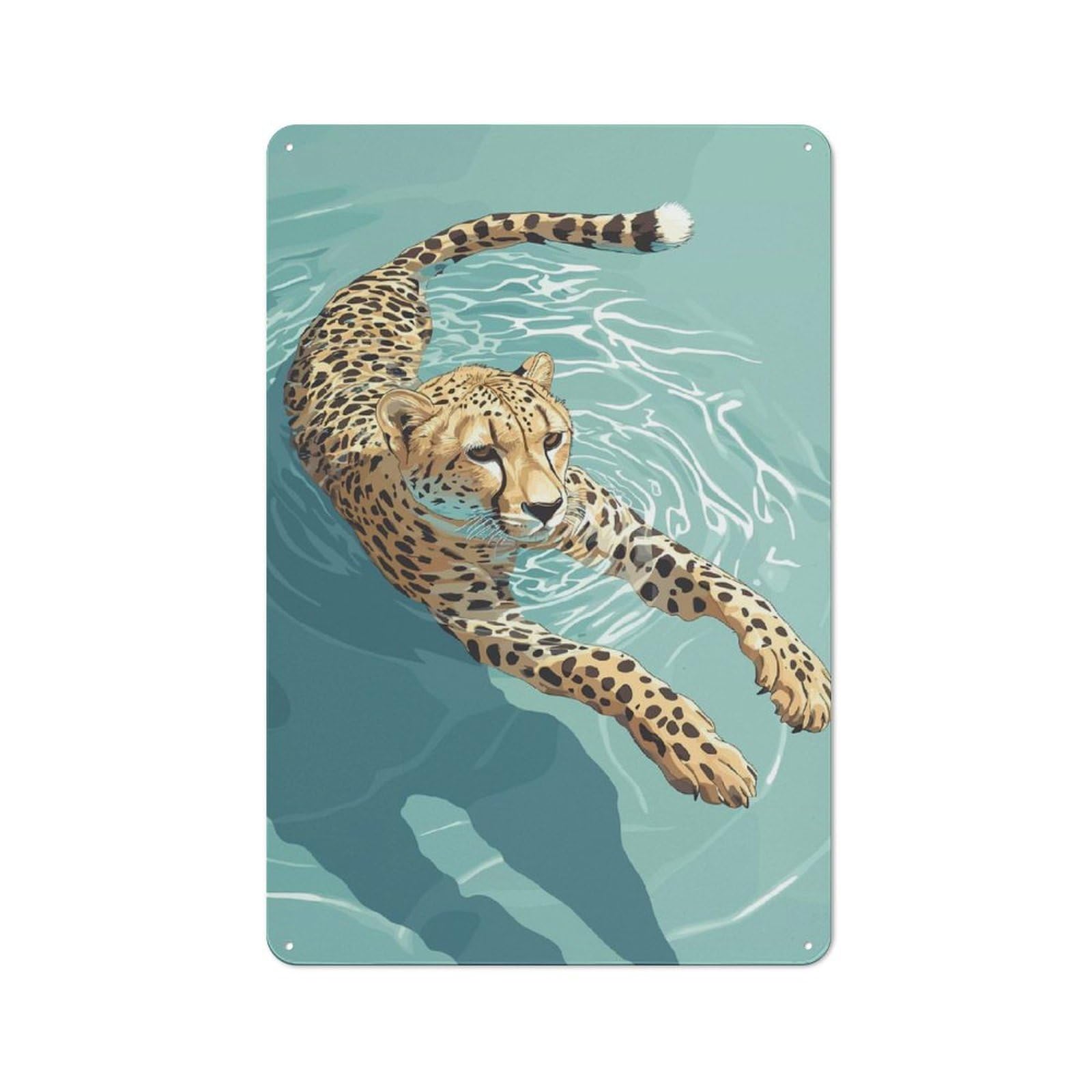 Junmoney Style Garage Cheetah Swimming In Water Illustration Retro Metal Sign 30X20cm, Workshop Wall Decor For Workshop, Basement, Shed Or Games Room