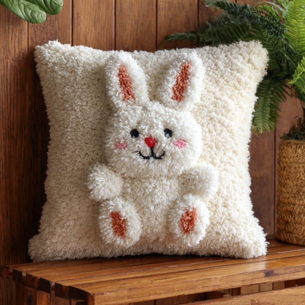 Taxpy Latch Hook Cushion Kits Little White Rabbit Pillowcase Kits Embroidery Kit 17X17 Inch DIY Needlework Pillow Cover Sofa Cushion Rug Making