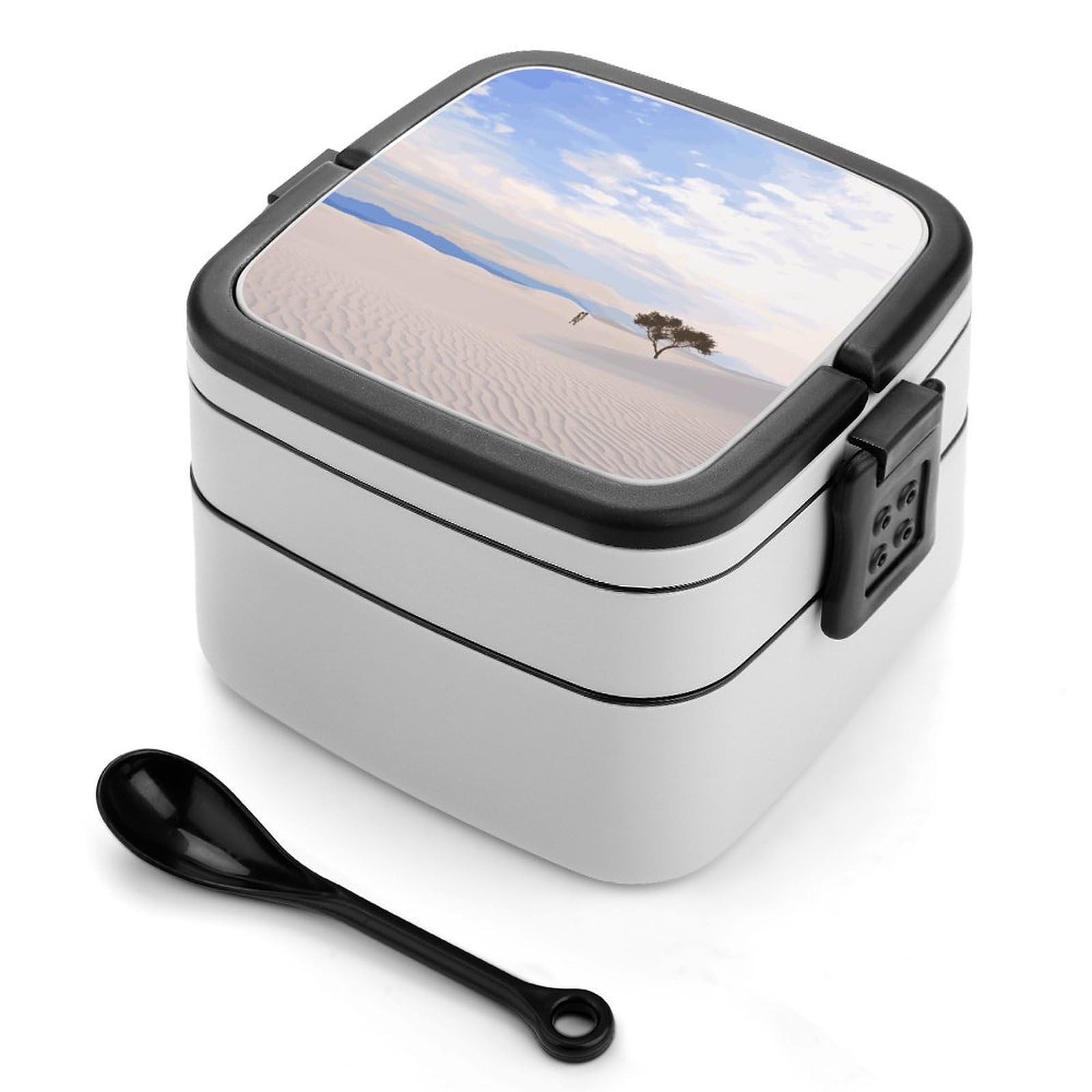 FekiLoot Romantic White Sand Landscape Bento Box Adult Lunch Box Sealed Bento Lunch Boxes with Spoon Sturdy Double Layer Bento Boxes Snap-on Design Leak Proof Lunch Containers Ideal for Work