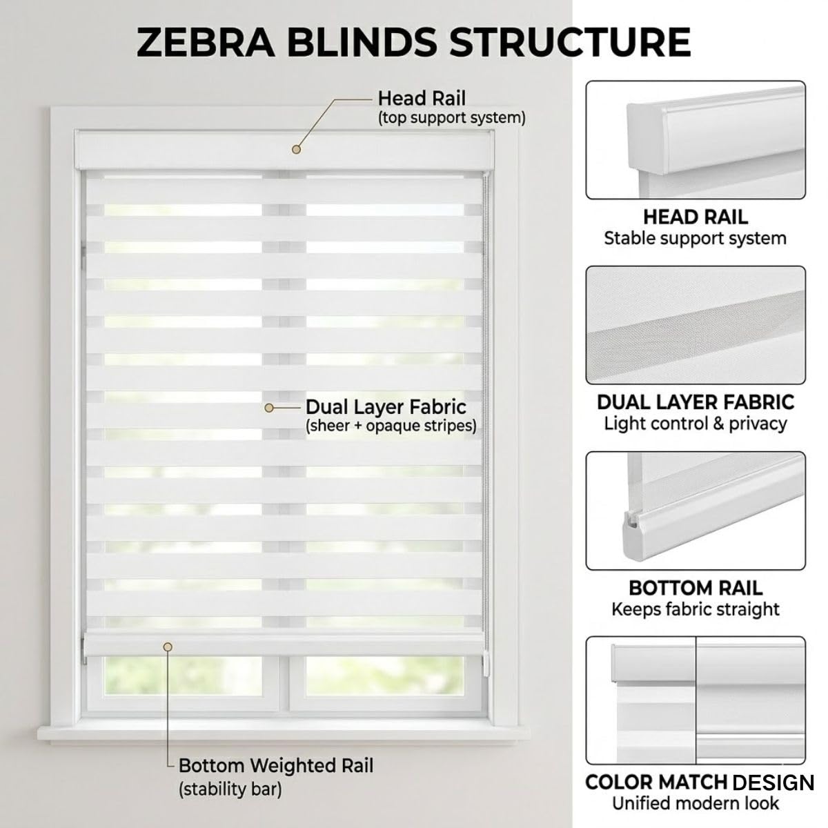 Store Zébré Occultant avec Perçage pour Intérieur de Maison et Bureau | Store Enrouleur Jour Nuit Double Tissu, Rideau Anti Chaleur, Noir, 33x122 cm, 43x91 cm, 46x183 cm(Blanc,W99cmxH163cm)