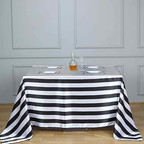 Miniatura 3 de Efavormart - Mantel rectangular de satén a rayas blancas y negras de 60 x 102 pulgadas, sin costuras, para bodas, fiestas y eventos