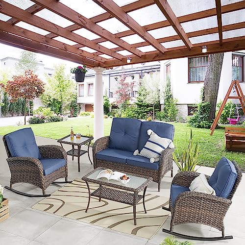 Belord Outdoor Rocking Chairs Set Of 2 Wicker Rocker Chairs For Porch, 3 Pieces Patio Furniture Rocking Set With Rattan Side Table Brown/Blue #TOP1
