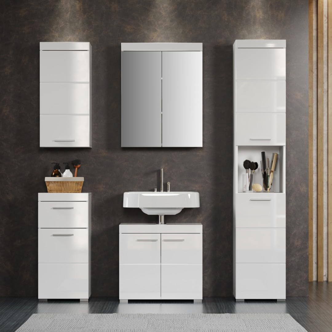 trendteam smart living - Amanda - Badezimmer Komplettset (WBU + Spiegelschrank + Standschrank + Hochschrank + Hängeschrank) - Weiß/Weiß Hochglanz - (BxHxT) 163 x 190 x 34 cm - Kratzfest