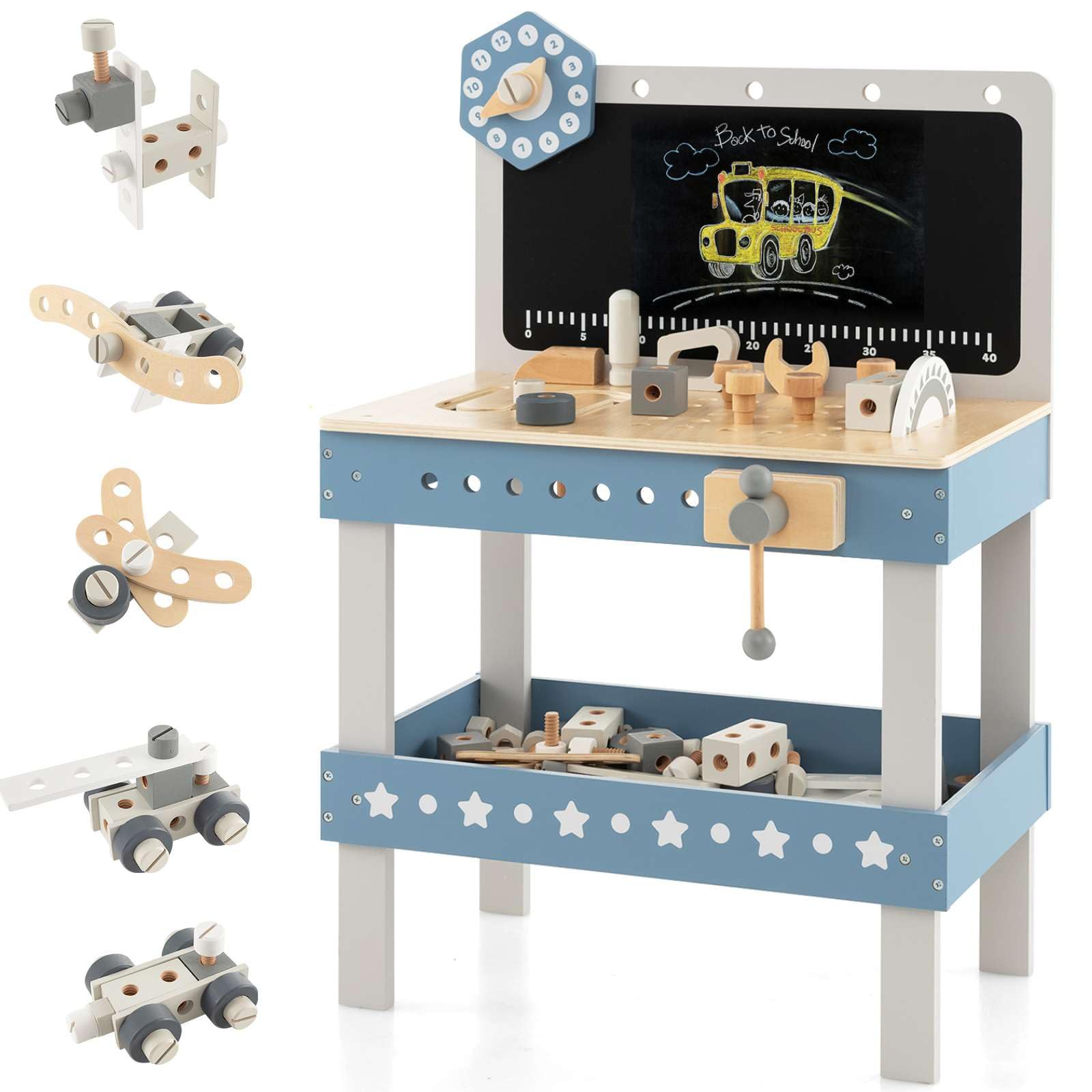 GYMAX Kids Workbench, Wooden Play Workbench with Blackboard, Storage Shelf, Tool & Parts Set, Children Toy Tool Bench for 3 Years Old + Boys Girls (Grey+Blue, 75 PCS:50x29x73cm)