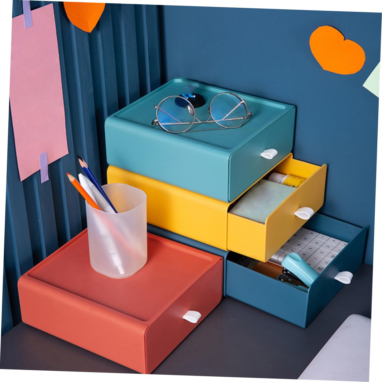 Generico Cassetti Impilabili Da Scrivania Contenitore Portaoggetti Per Ufficio Cassetto Da 4 Pezzi in Giallo Verde Blu Organizzare Articoli Cancelleria e Cosmetici