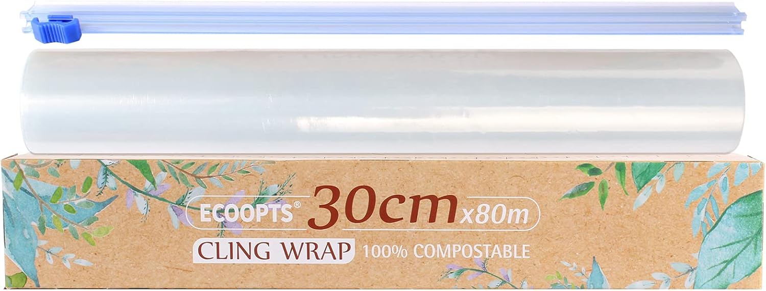ECOOPTS 100 Compostable Cling Film with Slide Cutter Free from BPA&Biodegradable Microwave
