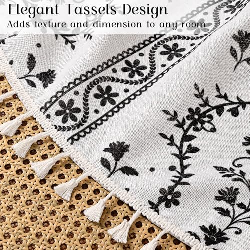 Image of Yinhua Boho Kitchen Curtains 36 Inch Length Vintage Linen Cafe Curtains Light Filtering Bohemian Floral Tier Rod Pocket Farmhouse Rustic Tassel Small Drapes with Tiebacks, 2 Panels, White Black