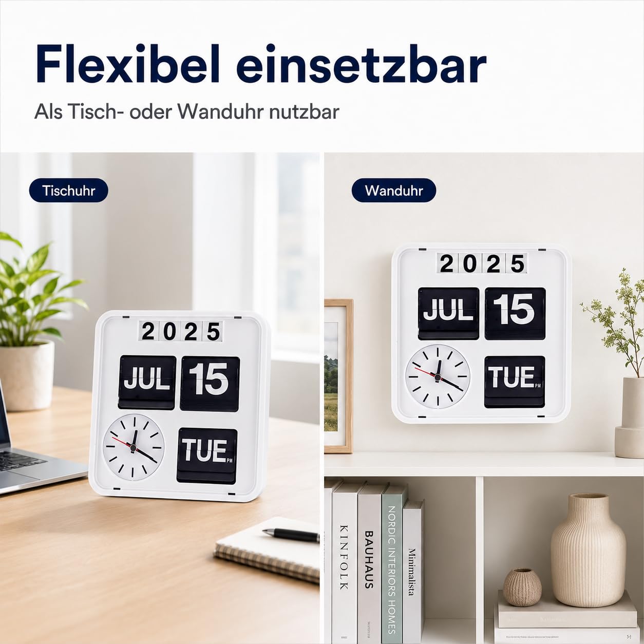 Eurotime 80005-00 Retro Tisch- & Wanduhr mit Voll-Datumsanzeige inkl. Jahr, Quarzuhr im Klappkarten-Design, automatischer Monatswechsel, 18 x 18 x 7,5 cm, Weiß