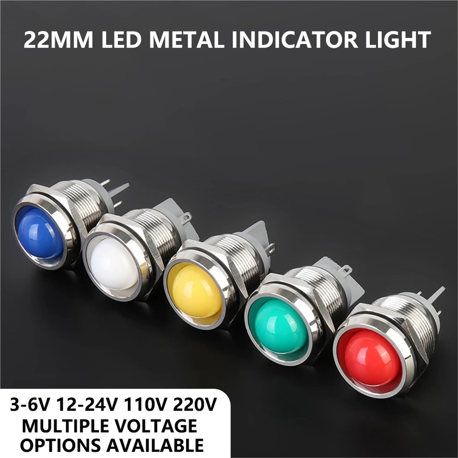Lote de 10 luces indicadoras metálicas de 22 mm, alimentación AC/DC 3~220 V, mini LED impermeables IP65 y terminales de 2 pines (bola blanca luz, 12V-24V)