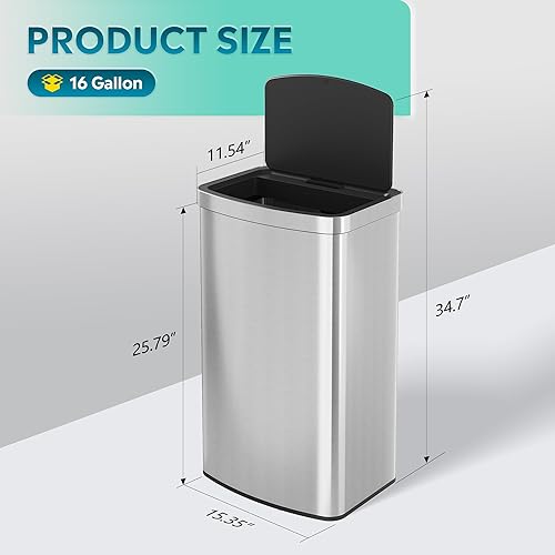 Miniatura 3 de WLIVE Bote de basura automático con sensor de movimiento de 16 galones, cubo de basura automático de cocina de 60 litros con tapa de cierre suave,