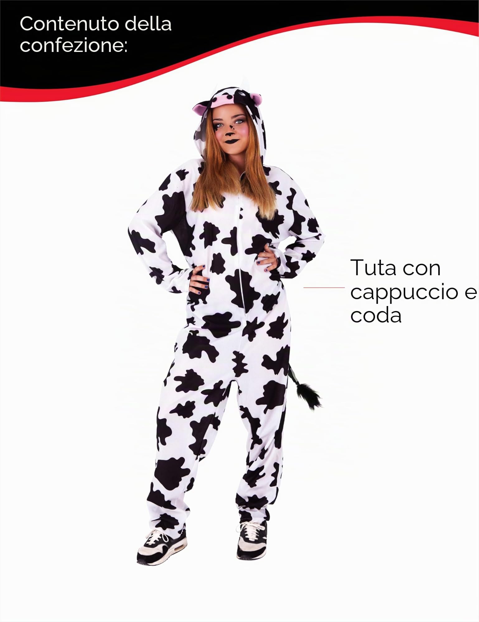 Rubies Costume da Mucca per adulti, Tuta con macchie nere con cappuccio e coda, Taglia unica, Unisex, Ufficiale Rubies per Carnevale, Halloween, Feste, Cosplay, Addio al celibato