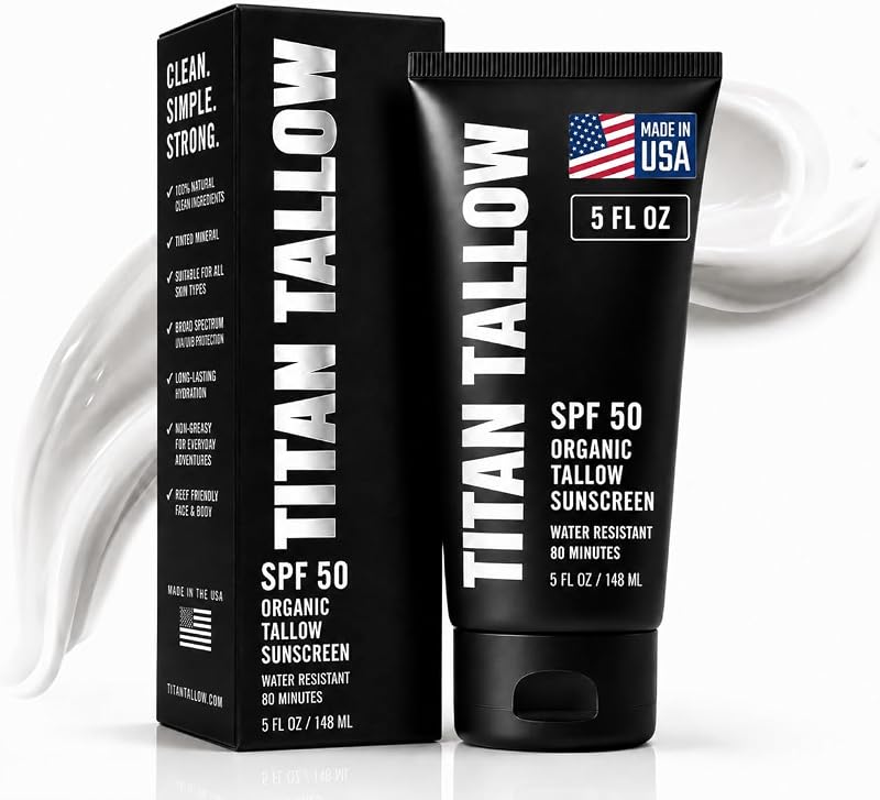 Protetor solar mineral Titan Tallow FPS 50 com óxido de zinco não nano e sebo bovino orgânico de gado alimentado com pasto, 142 g