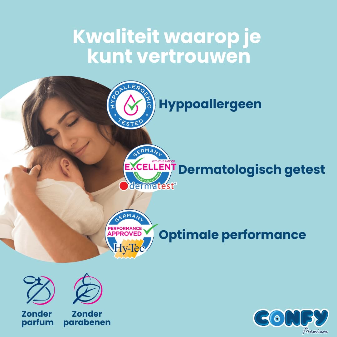 Confy Premium pieluchy dla niemowląt, rozmiar 1 (2 kg - 5 kg) - 176 sztuk, testowane dermatologicznie, super chłonne, wskaźnik oddawania moczu, CareShield