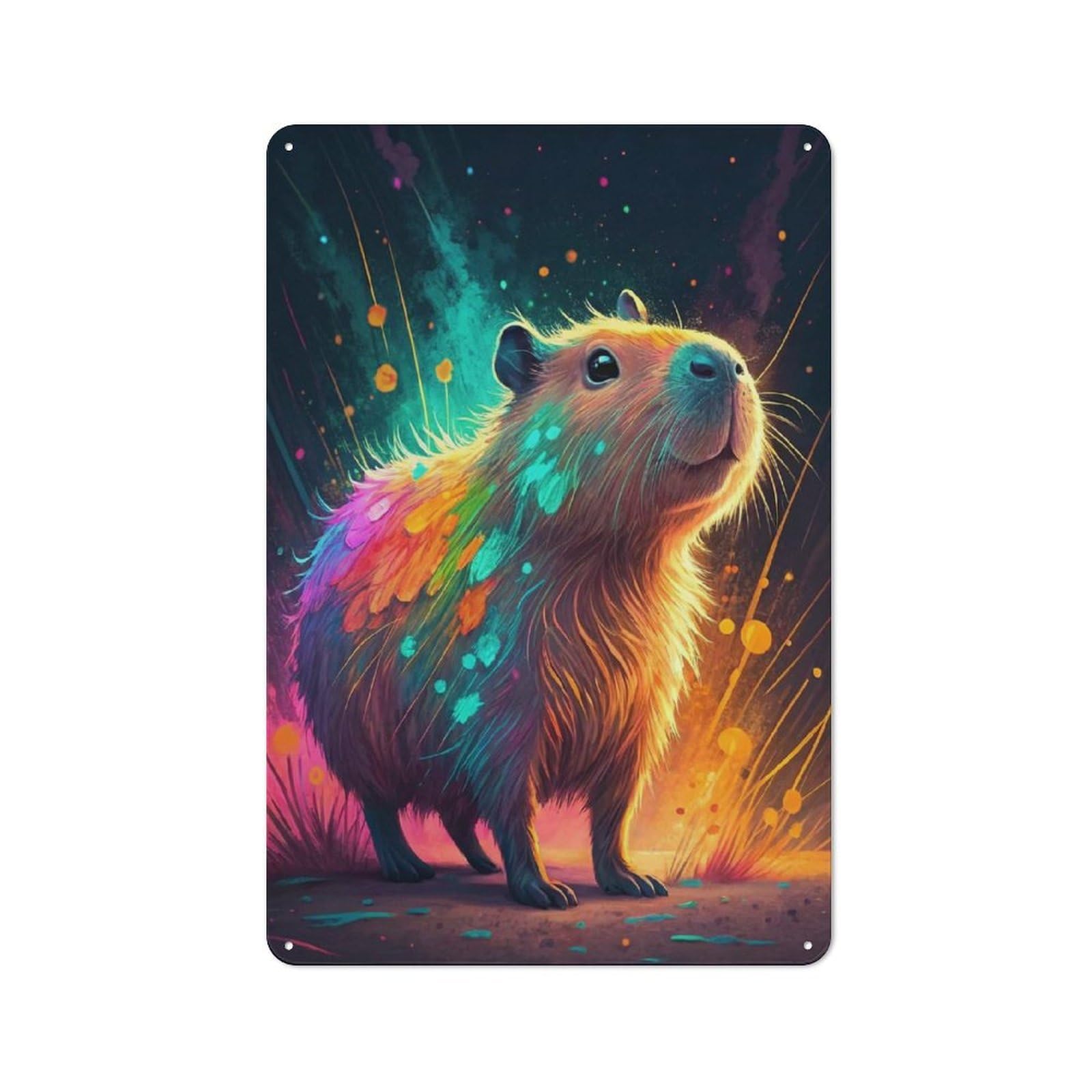 Junmoney Style-8 Colorful Capybara In Abstract Background Decorative Metal Plaque 30X20cm, Shop Front Style Bistro Wall Plaque For Tea Room, Shop Wall Or Breakfast Area