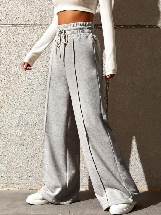 Image of Women's Wide Leg Casual Pants, High Waist Cotton Blend, Drawstring, Light Colour, Relaxed Fit