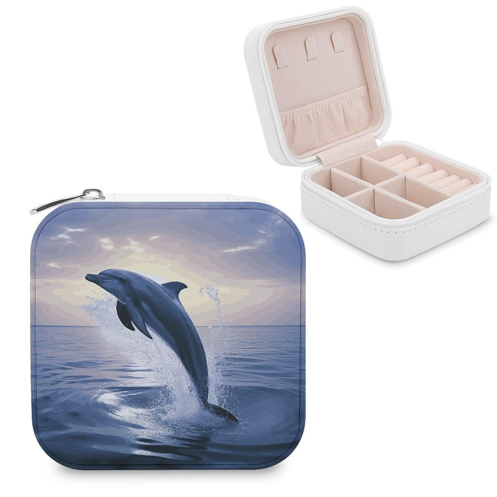 JTREHY Travel Elegant Dolphin Jewelry Case Portable Display Storage Box PU Leather Mini Jewelry Travel Case Personalized Travel Jewelry Organizer Small Jewelry Box for Women