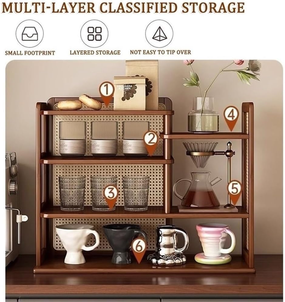 Home Furnishing Multi-Layer Rattan Coffee Mug Display Rack Vintage Countertop Wood Storage Cabinet for Kitchen Dining Room Office(Brown,19.7x8.7x20 in)