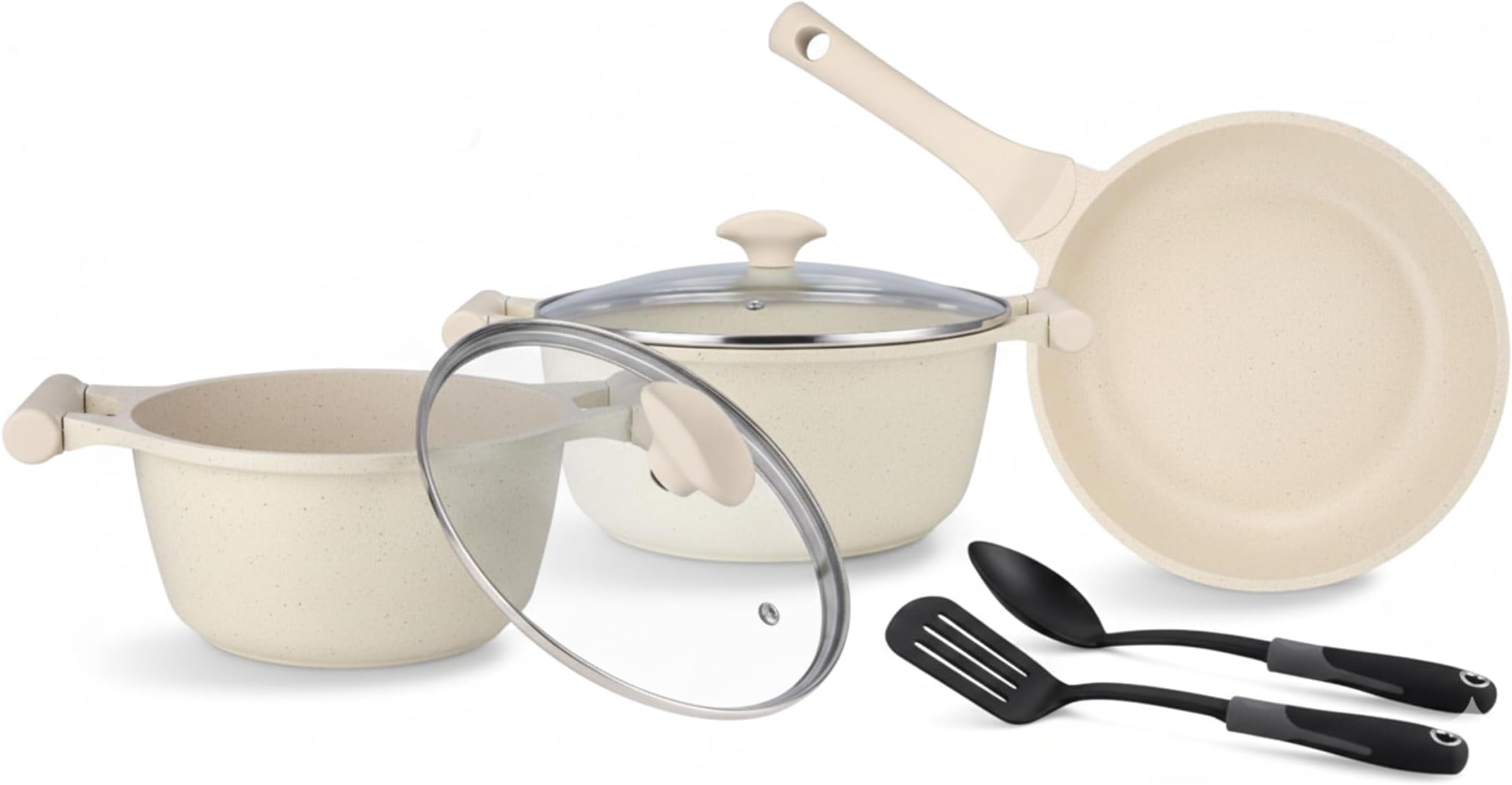 Essentials 7-Piece Off-White Granite Cookware Set | Non-Stick Pots and Pans Set | Induction Compatible Cooking Set | PR80971