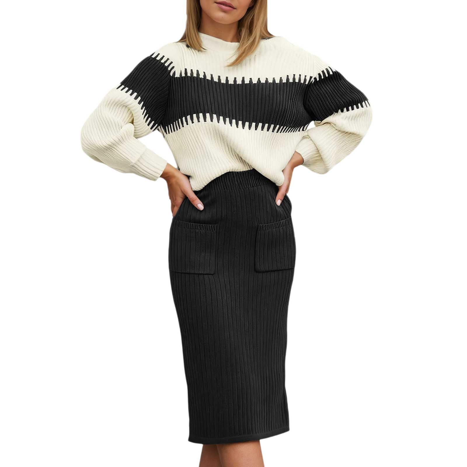 Elegante Maglione Lavorato a Maglia e Gonna per Un Outfit con Abito Pullover e Gonna Lunga, Abbigliamento Casual Sofisticato per Le Donne