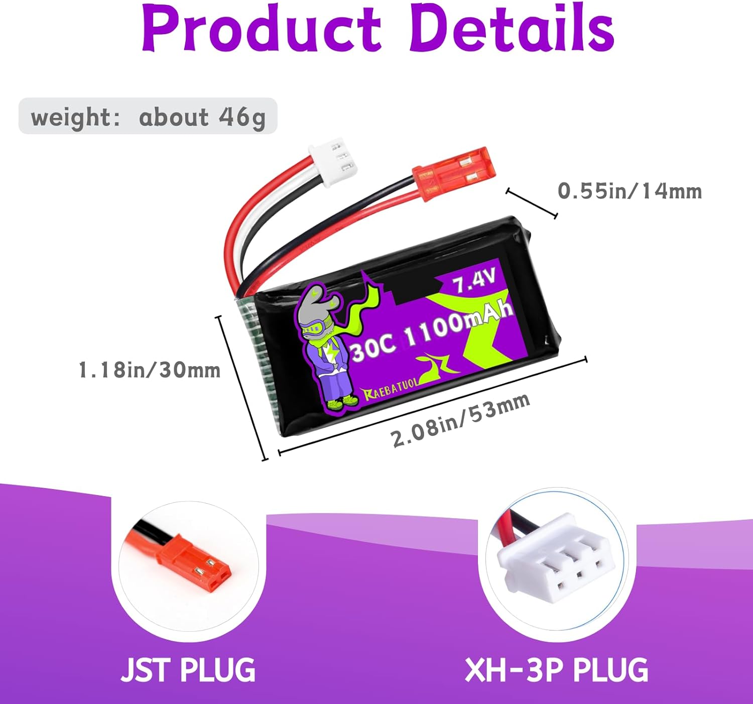1100mAh 7.4V LiPo Battery with JST Plug 30C，RC Batteries Fit for WLtoys Rc Cars A949 A959 A969 A979 K929 and Most 1/10, 1/16, 1/18, 1/24 Scale RC Cars Remote Control Cars