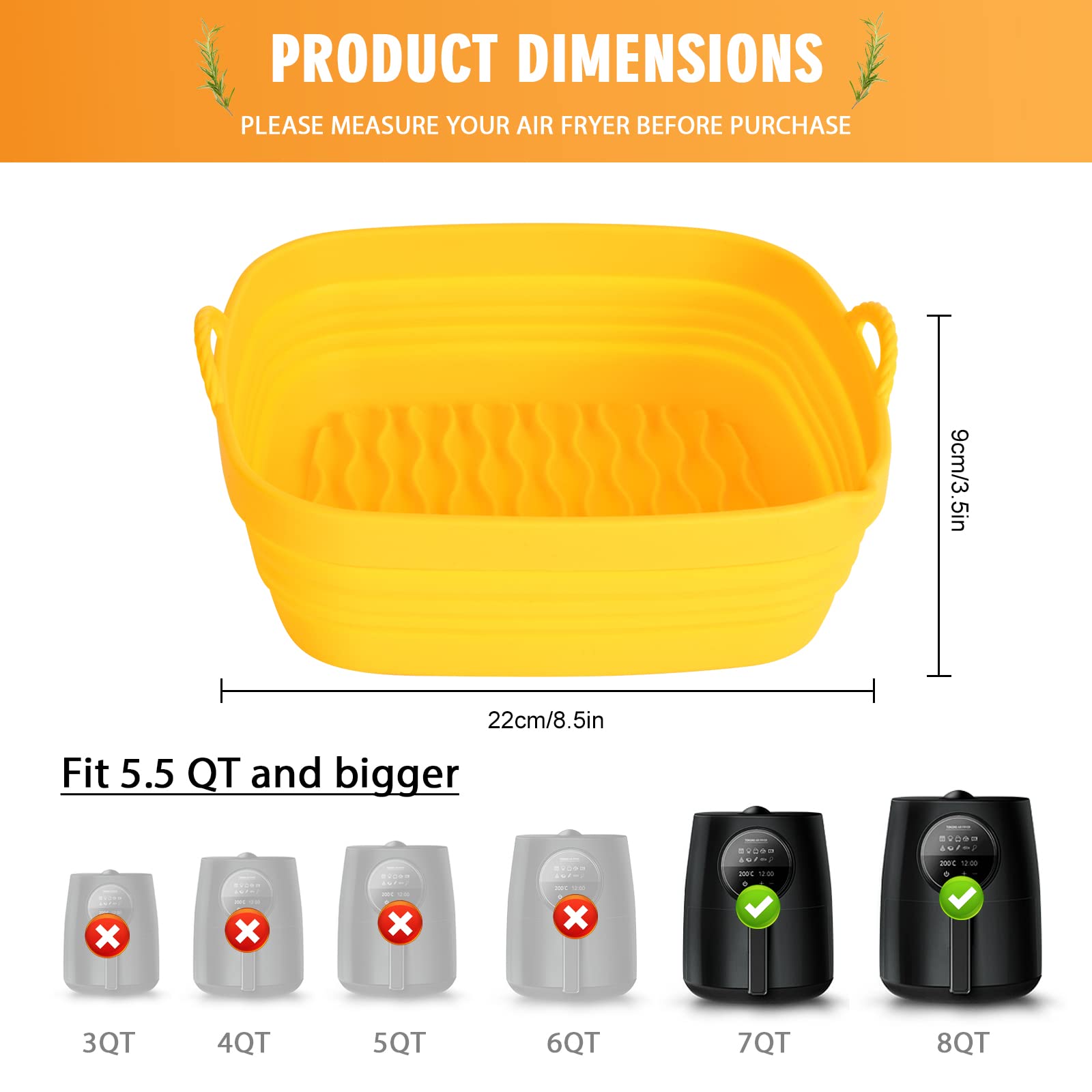 WARMPLE Silicone Air Fryer Liners Sqaure, 8.5 Inches Reusable Food Grade Silicone Air Fryer Oven Accessories, Foldable Air Fryer Basket Bowl, Heat Resistant & Easy Cleaning, 5 to 7QT, Yellow
