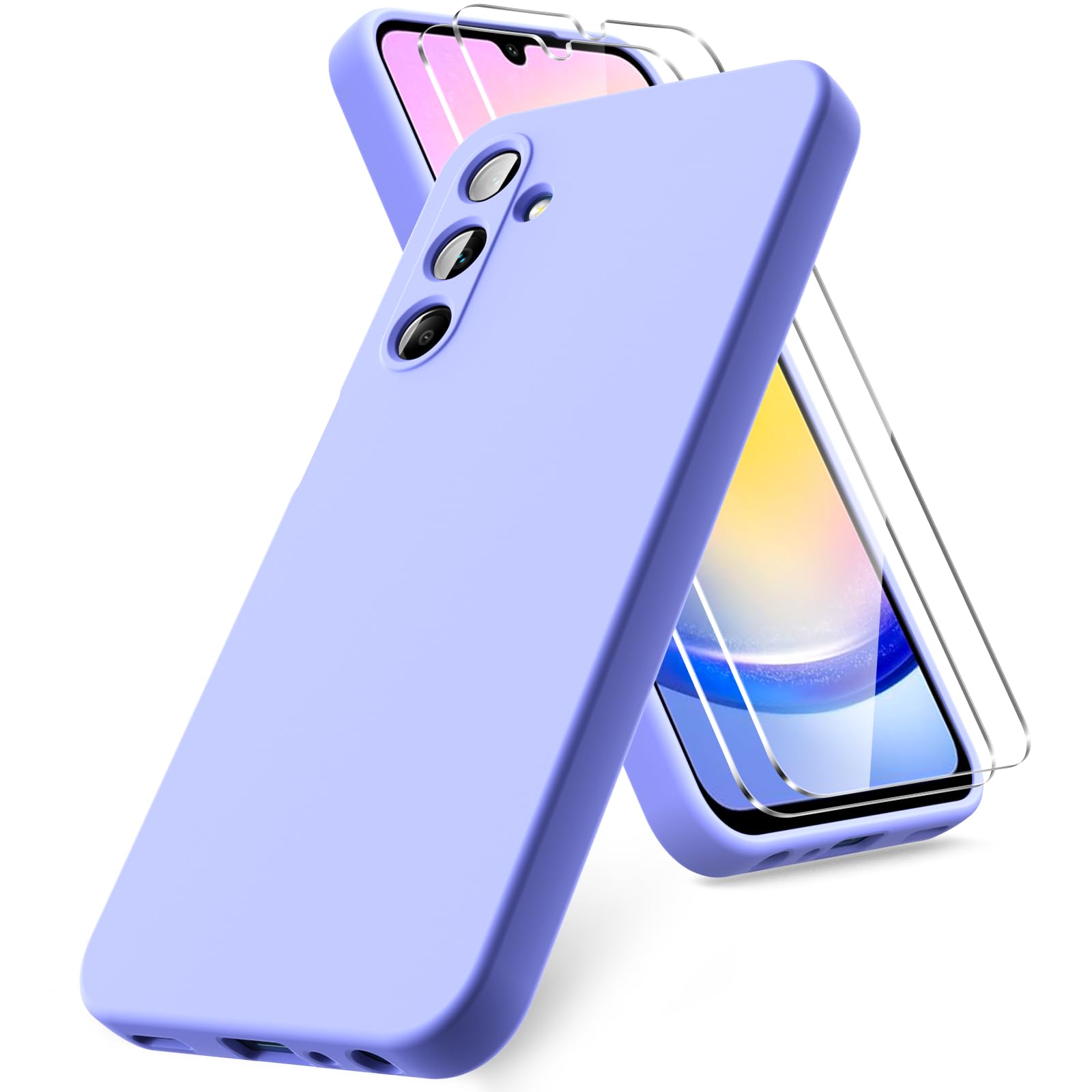 Vansdon Cover Compatibile con Samsung Galaxy A25 5G, 2 Pellicola Protettiva in Vetro Temperato, Gomma Gel di Silicone Liquida Antiurto Custodia - Viola
