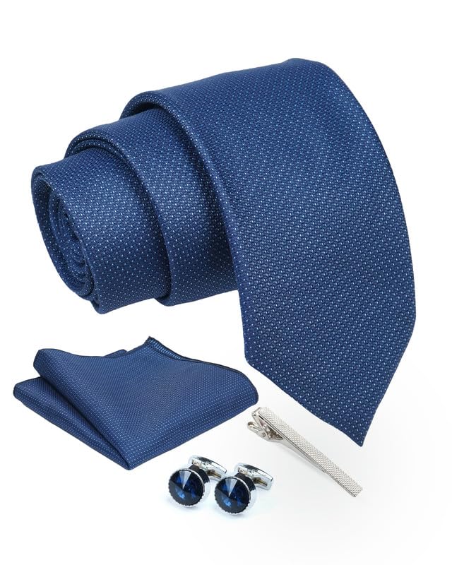 axlon Navy Blue Micro Dotted Tie For Men – Formal Ties Set With Pocket Square, Cufflink & Tie Clip With Gift Box For Mens, Silk Fabric Neckties Gift Sets For Men’s (AXRD_80)-picture-27