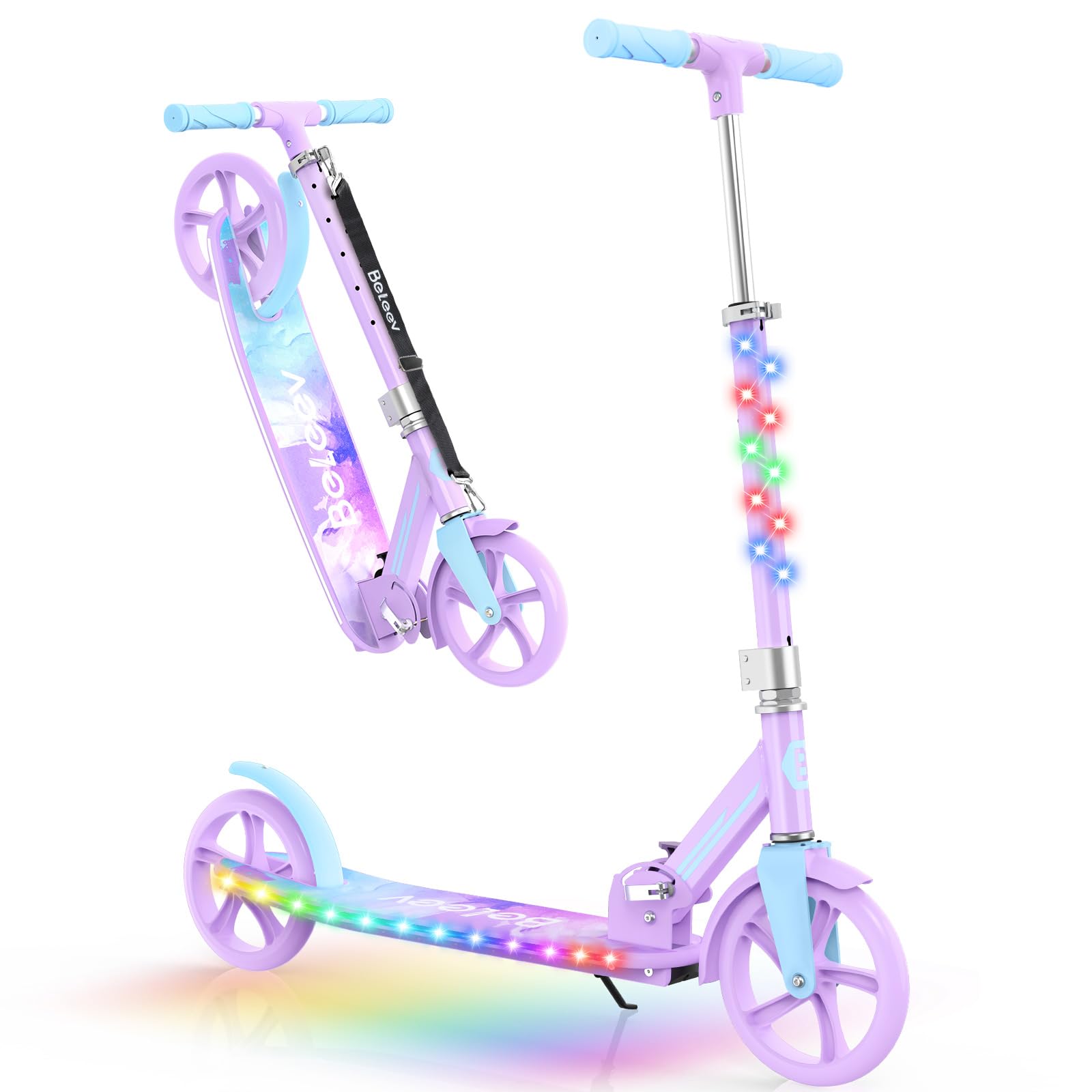 BELEEV V9 2 Wheel Scooter, City Scooter with LED Lights Stem & Deck, 4 Height Adjustable, Big Wheel 200mm Folding Adult Scooter with Carrying Strap, Sturdy Frame for 6+ Child Girl and Adult