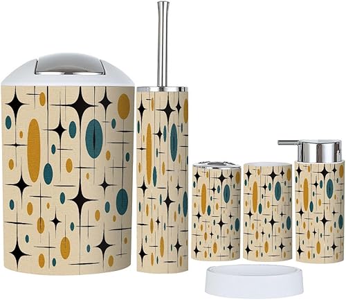 Juego de 6 accesorios de baño, estilo vintage de mediados de siglo, estilo vintage de los años 50, moderno y retro, con motivos circulares atómicos,