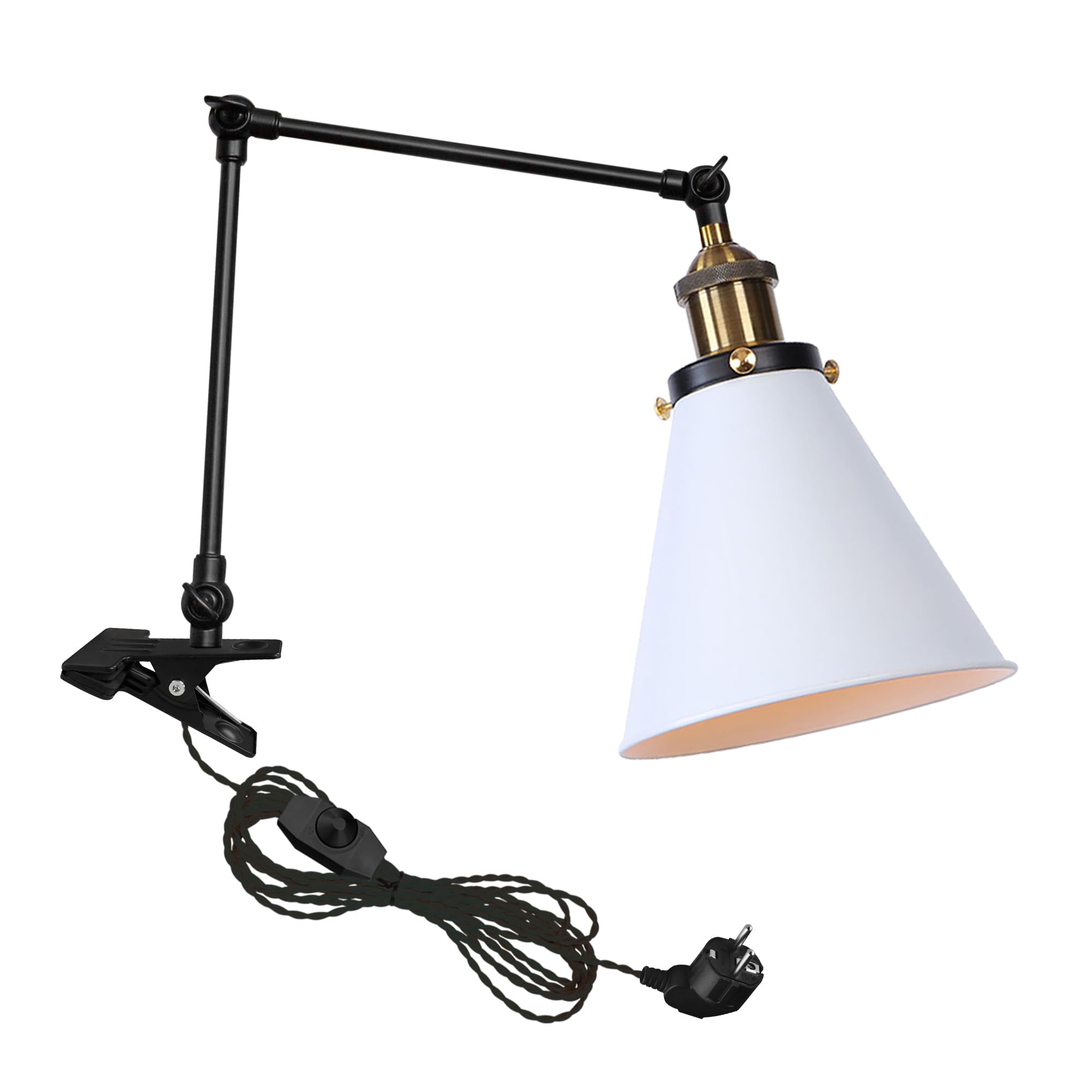 Industrial Klemmleuchte mit 2,5 Schalterkabel, Einstellbar Clip auf Schreibtisch Leselampe,Dimmbar Clamp Nachttischlampe mit Flexarm für Schreibtisch Nachttisch Regal- TD/0132G&W