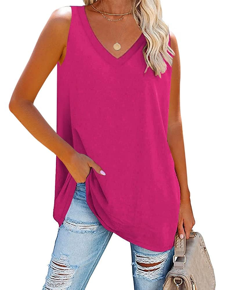 Fisoew Damen Tank Top V-Ausschnitt Blusentop Sommer Basic Tops Ärmellos Bluse Locker Cami Oberteile